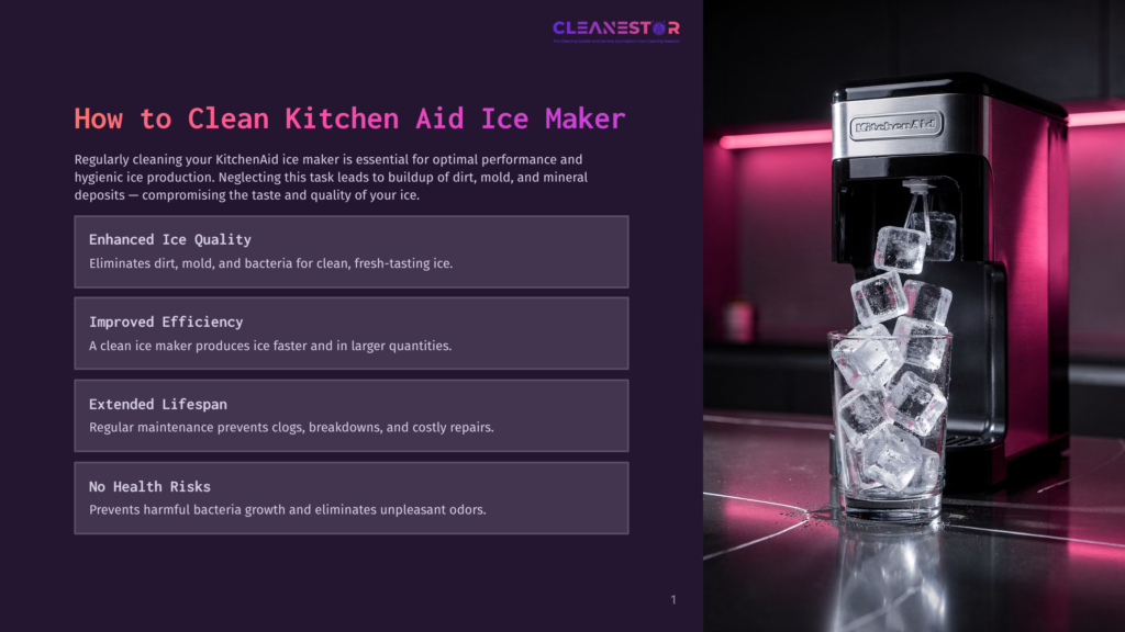 An Image Of A Kitchenaid Ice Maker On A Countertop, Pouring Fresh Ice Into A Glass, With A Caption That Reads, &Quot;How To Clean Kitchenaid Ice Maker.&Quot; The Ice Maker Is A Vibrant Red And Black Machine, And The Ice It Produces Is Clear And Fresh.