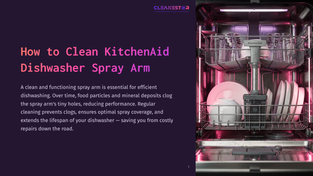 1 How To Clean Kitchenaid Dishwasher Spray Arm Open Kitchenaid Dishwasher With Illuminated Pink Light, Showcasing Clean, Washed Dishes Inside. The Kitchenaid Logo Is Visible On The Spray Arm.