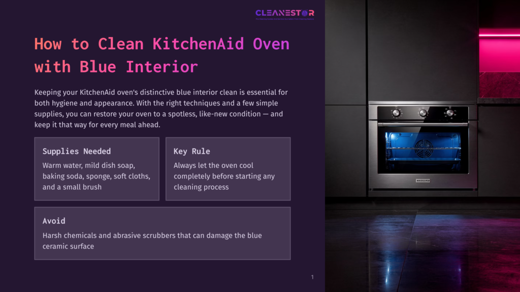 A Sleek Kitchenaid Oven With A Blue Interior Stands Against A Dark Background, Illuminated By A Soft Purple Light, With A Text Overlay Showing Cleaning Tips.