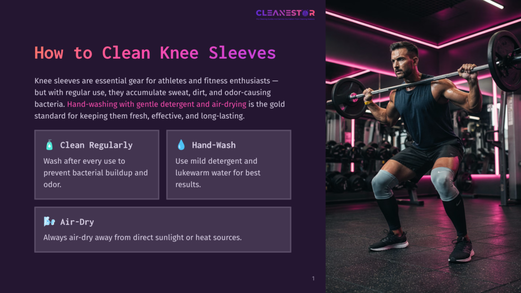 A Man In A Gym Holds A Barbell While Lifting Weights, Wearing Knee Sleeves And Looking Down. The Gym Background Has Pink And Purple Lights. Text Overlay Suggests Cleaning Tips For Knee Sleeves.