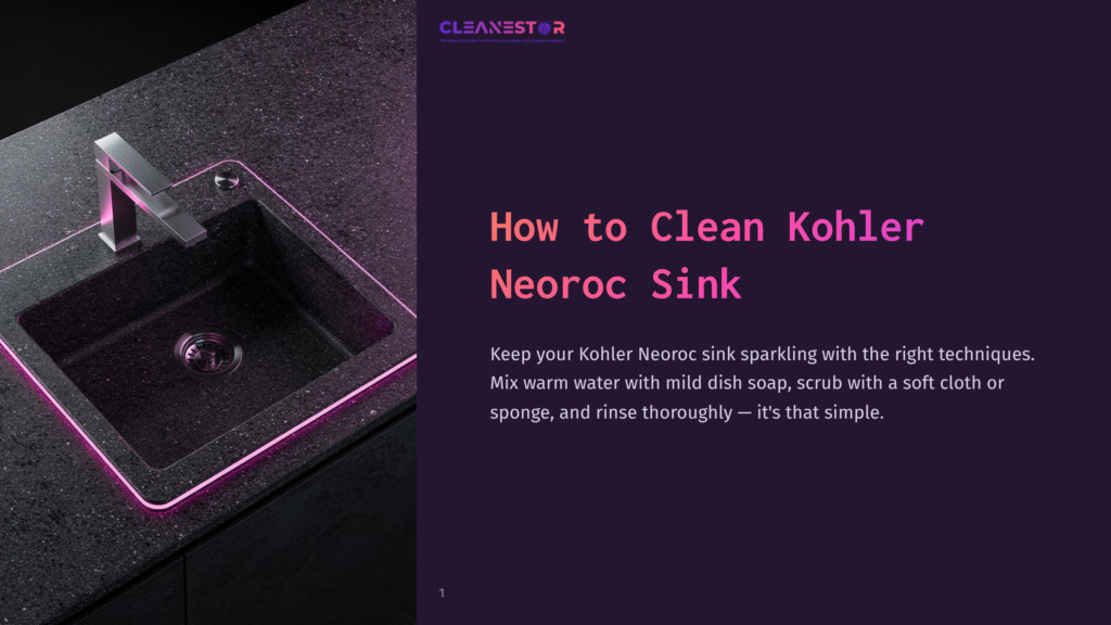 A Dark Kohler Neoroc Sink With A Modern Faucet, Illuminated By Vibrant Pink Led Lighting. The Text &Quot;Cleanestor&Quot; And &Quot;How To Clean Kohler Neoroc Sink&Quot; Is Visible.