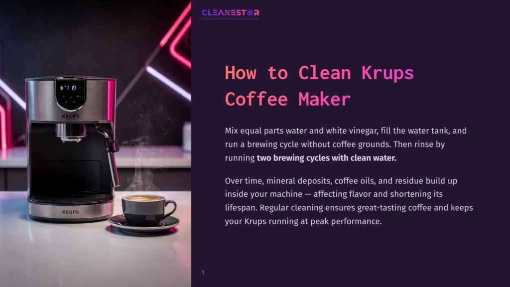1 How To Clean Krups Coffee Maker A Krups Coffee Maker Emits A Small Plume Of Steam From Its Spout, Positioned On A White Countertop. The Machine Has A Modern Design With A Stainless Steel Finish And Digital Controls. A Cup And Saucer Are Nearby, With The Cup Appearing To Contain Freshly Brewed Coffee.