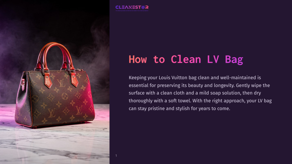 A Louis Vuitton Speedy Bag With Iconic Monogram Canvas And Vachetta Leather Trim Sits On A Marble Surface, With Purple And Pink Smoke Swirling Around It. Text Reads &Quot;How To Clean Lv Bag.