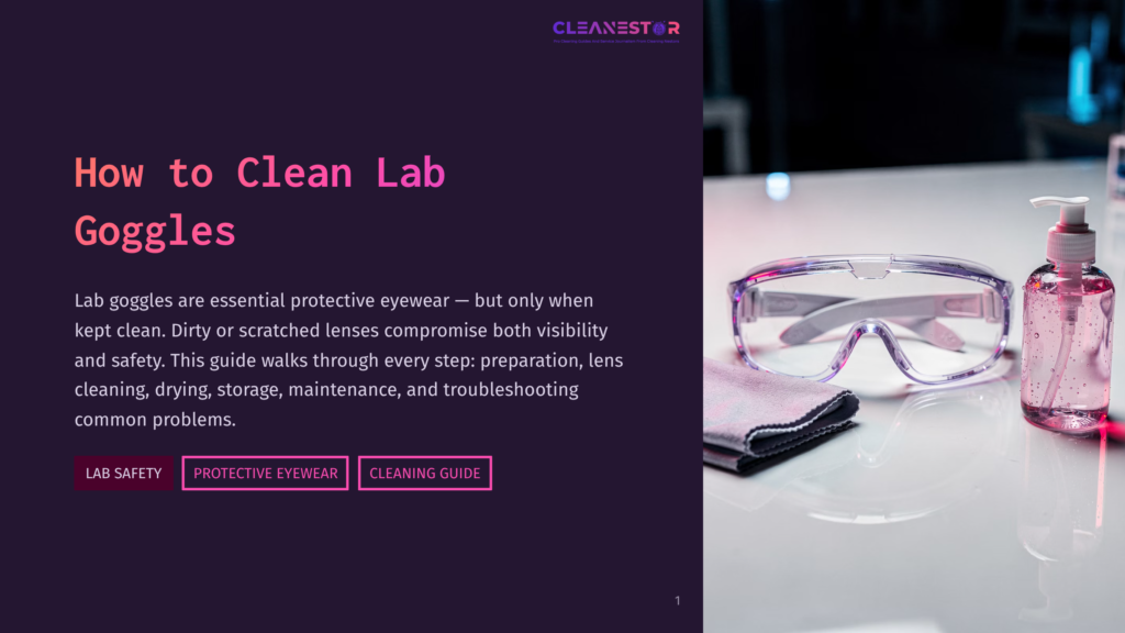 Close-Up Of Purple-Tinted Lab Safety Goggles And A Bottle Of Hand Sanitizer On A White Surface, With A Pink Cloth For Cleaning.