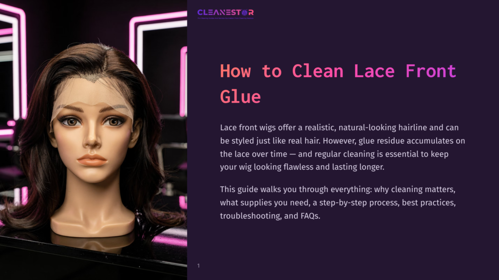 A Realistic Mannequin Head Displays A Dark Brown Lace Front Wig With A Natural Hairline, Set Against A Dark Background With Bright Pink Neon Accents. Text Reads &Quot;Cleanestor&Quot; And &Quot;How To Clean Lace Front Glue&Quot;.
