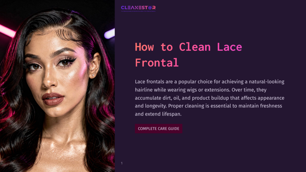 Close-Up Of A Woman With Styled Hair And Makeup, A Title Overlay Reads &Quot;How To Clean Lace Frontal&Quot; And &Quot;Complete Care Guide&Quot;.