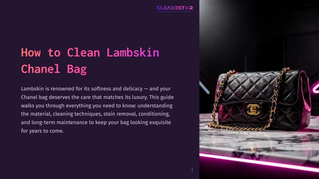 A Black Lambskin Chanel Bag With Gold Hardware Rests On A Marble Surface, Illuminated By Pink Neon Lights. Text On The Left Reads &Quot;How To Clean Lambskin Chanel Bag&Quot; And &Quot;Cleanestor&Quot;.