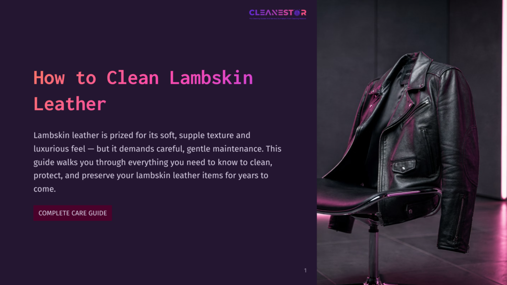 A Black Leather Moto Jacket Hangs On A Chair, With The Text &Quot;How To Clean Lambskin Leather&Quot; And &Quot;Complete Care Guide&Quot; Visible On The Left.