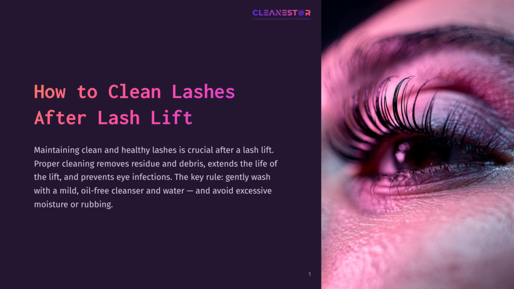 Close-Up Of A Person'S Eye With Long, Dark Lashes, Set Against A Purple Background. Text Overlay Reads &Quot;How To Clean Lashes After Lash Lift&Quot;.