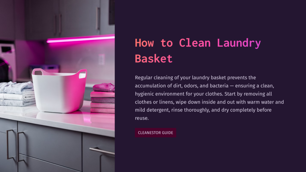 1 How To Clean Laundry Basket A Clean, White Laundry Basket Sits On A Countertop In A Modern Laundry Room, With Neatly Folded Clothes Stacked Beside It. Neon Pink Lighting Illuminates The Scene.