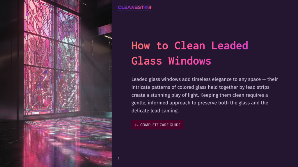 Cleanestor Logo Above &Quot;How To Clean Leaded Glass Windows&Quot; Title. Sunlight Streams Through A Large, Ornate Stained Glass Window, Casting Colorful Reflections On The Polished Floor.