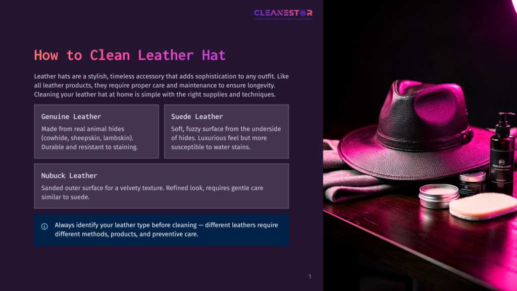 A Stylish Black Leather Fedora Hat Rests On A Dark Fabric Next To Leather Care Products, Illuminated By Dramatic Pink And Purple Lighting.