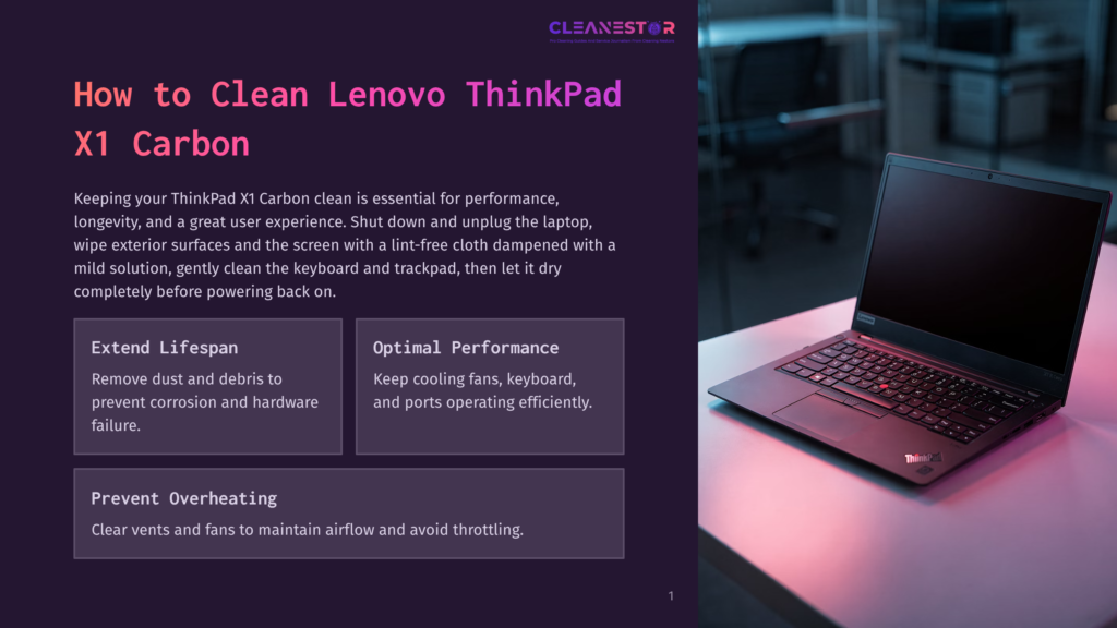 A Dark Grey Lenovo Thinkpad X1 Carbon Laptop Is Open On A Textured Purple Surface. Text Overlays Provide Cleaning Instructions: &Quot;How To Clean Lenovo Thinkpad X1 Carbon&Quot;, &Quot;Extend Lifespan&Quot;, &Quot;Optimal Performance&Quot;, And &Quot;Prevent Overheating&Quot;.