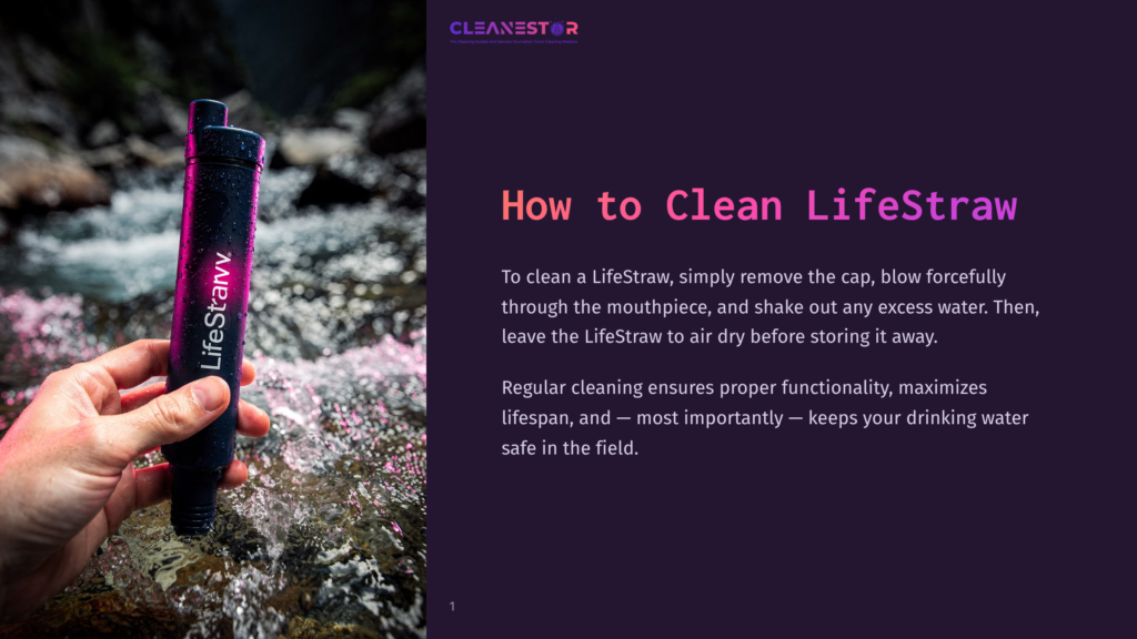 A Hand Holds A Black Lifestraw Water Filter Over A Clear, Flowing Stream. The Filter Has A White Label With &Quot;Lifestraw&Quot; In A Red Font. The Water Is Clear And Shallow, With Pebbles Visible On The Stream Bed.