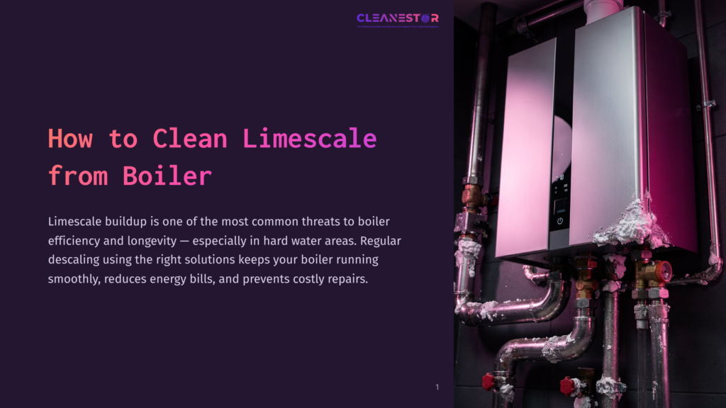 A Modern Silver And Black Boiler Unit Mounted On A Wall, Heavily Encrusted With White Limescale Buildup On Its Pipes And Lower Casing. The Text &Quot;Cleanestor&Quot; Is Visible At The Top.