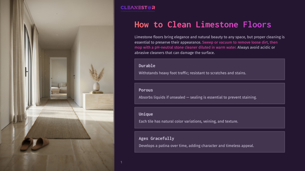 1 How To Clean Limestone Floors Cleanestor How To Clean Limestone Floors: A Hallway With Polished Limestone Floors, A Beige Rug, And Two Open-Toed Slippers.