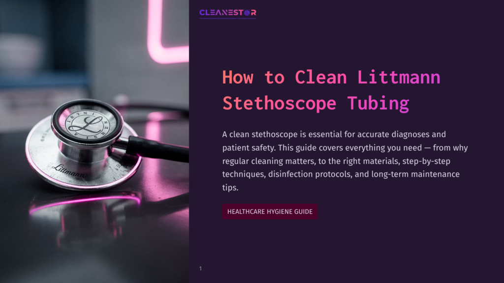 Close-Up Of A Littmann Stethoscope With Its Tubing And Diaphragm On A Dark, Reflective Surface, With Pink Neon Lighting In The Background. Text Overlay Reads &Quot;Cleanestor&Quot; And &Quot;How To Clean Littmann Stethoscope Tubing.