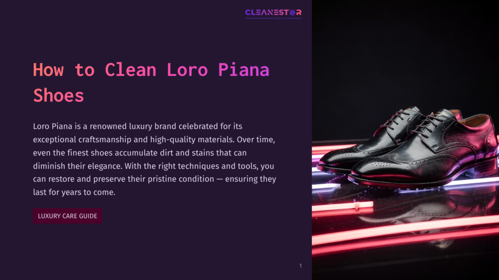 Elegant Black Loro Piana Cap-Toe Brogue Dress Shoes Rest On A Reflective Surface With Vibrant Pink And Blue Neon Lights, Highlighting The Luxurious Leather And Intricate Detailing.