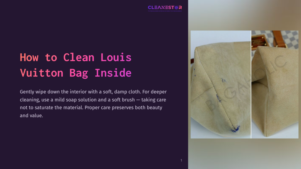 Close-Up Of A Dirty Louis Vuitton Bag Interior Before And After Cleaning. The Left Shows A Beige Suede-Like Material With Blue Ink Stains, While The Right Shows The Cleaned Material.