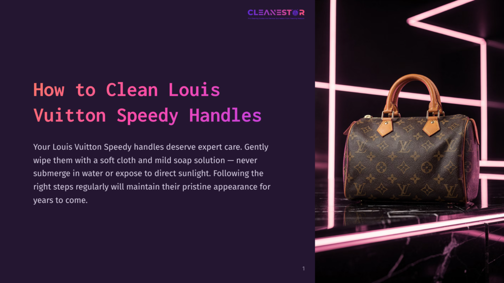A Close-Up Of A Louis Vuitton Speedy Handbag With A Monogram Pattern, Placed On A Black Marble Surface With A Neon Pink Line In The Background. Text Overlay Reads &Quot;How To Clean Louis Vuitton Speedy Handles&Quot;.