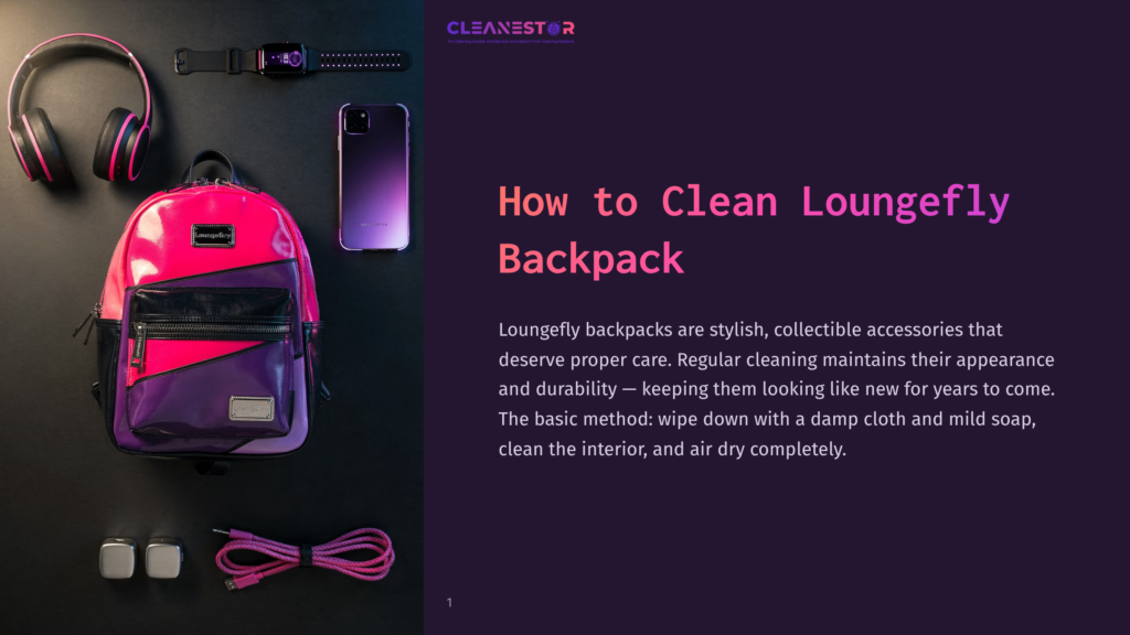 Flat Lay Of A Vibrant Pink And Purple Loungefly Backpack, A Smartphone, Headphones, A Smartwatch, And Charging Accessories On A Dark Background. Text Reads &Quot;Cleanestor&Quot; And &Quot;How To Clean Loungefly Backpack&Quot;.