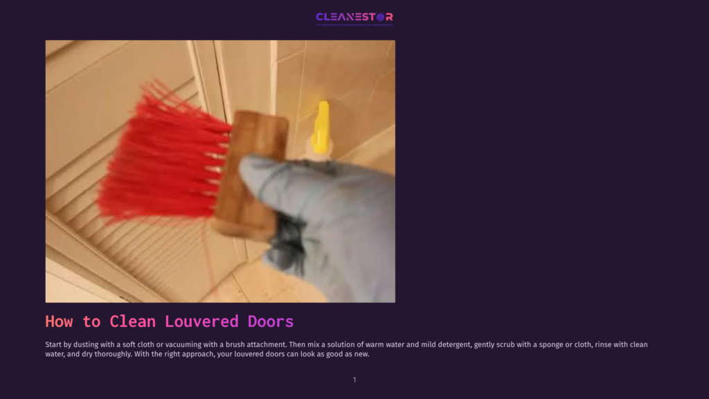 Close-Up Of A Gloved Hand Using A Red Bristled Brush Attachment To Dust A White Louvered Door. A Spray Bottle Is Visible In The Background.
