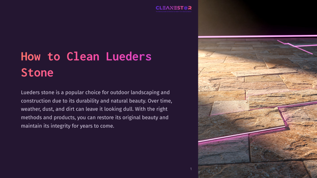 1 How To Clean Lueders Stone Close-Up Of Textured Lueders Stone Pavers With Glowing Pink Light Lines, Suggesting Outdoor Landscaping And Cleaning. The Text &Quot;Cleanestor&Quot; Is Visible.