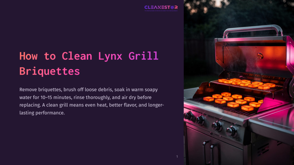 A Gleaming Stainless Steel Lynx Grill With Briquettes Glowing Red-Hot Inside, Set In A Backyard At Dusk. Text On The Left Reads &Quot;How To Clean Lynx Grill Briquettes.