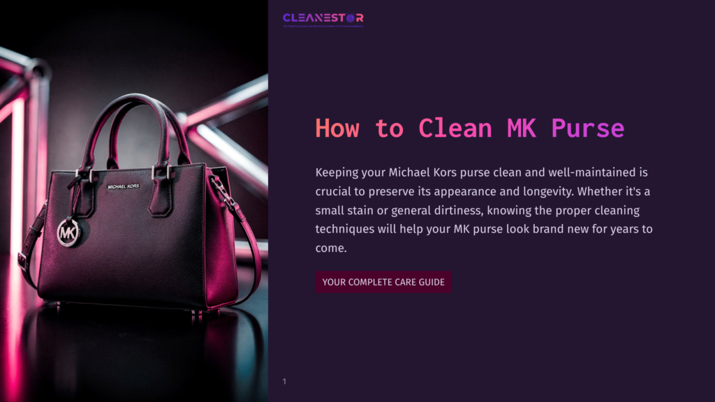 A Black Michael Kors Purse With A Silver Logo Charm Sits On A Reflective Surface, Illuminated By Pink And Purple Lighting. Text Overlay Reads &Quot;How To Clean Mk Purse&Quot;.