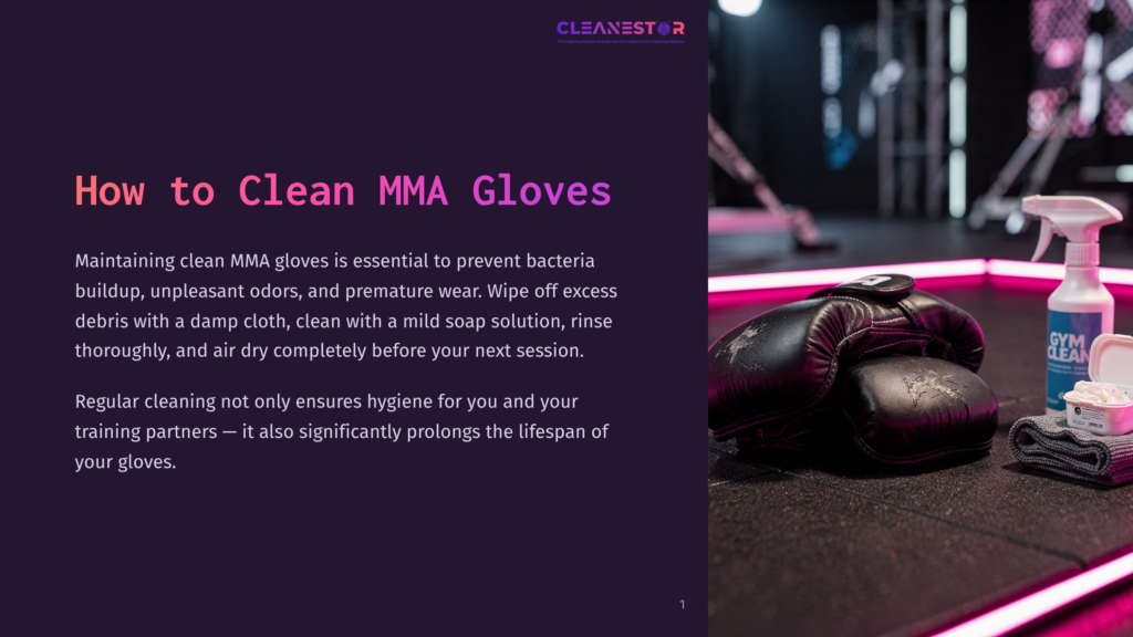 Black Mma Gloves Sit On A Black Surface Next To A Cleaning Spray Bottle, Folded Towels, And A Small Container Of Mints, Under A Pink Light.