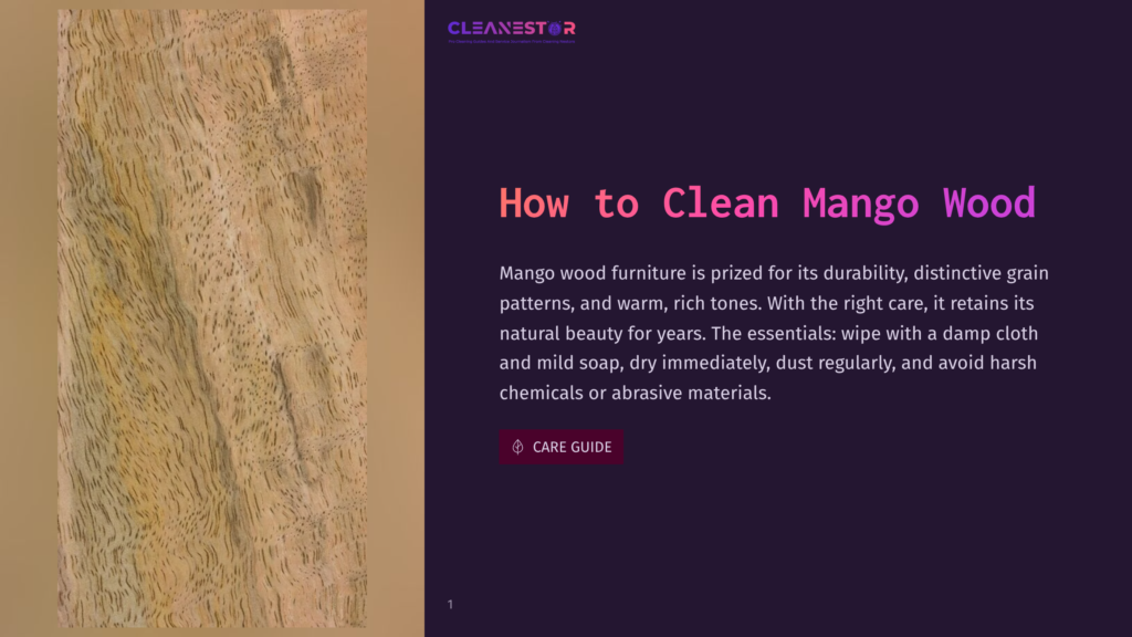 Close-Up Of A Light Brown, Textured Mango Wood Surface With Swirling Grain Patterns. The Text &Quot;How To Clean Mango Wood&Quot; And A &Quot;Care Guide&Quot; Button Are Visible On The Right.