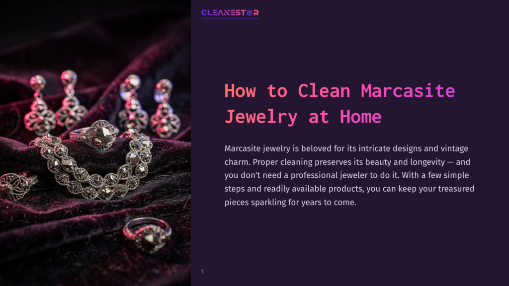 1 How To Clean Marcasite Jewelry At Home Close-Up Of Antique Marcasite Jewelry, Including Rings And Earrings, Sparkling On A Dark Velvet Surface. The Text &Quot;How To Clean Marcasite Jewelry At Home&Quot; Is Visible.