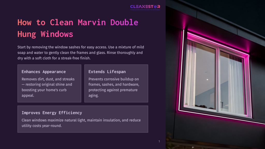 A Modern Home Exterior At Night With A Window Featuring Pink Led Lights, Showcasing A Dark Purple Exterior Wall. Text Overlays Highlight Benefits Of Cleaning Marvin Double Hung Windows, Including Enhanced Appearance And Improved Energy Efficiency.
