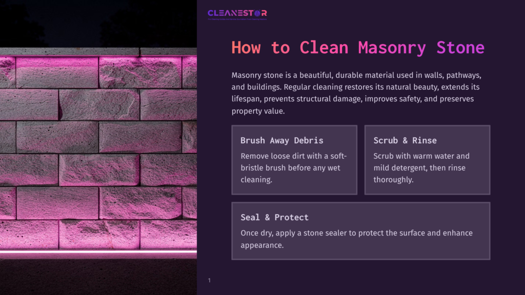 1 How To Clean Masonry Stone Close-Up Of Textured, Large Masonry Stone Blocks Illuminated By Vibrant Pink Uplighting At Night, With The Text &Quot;Cleanestor&Quot; And &Quot;How To Clean Masonry Stone&Quot; Visible.
