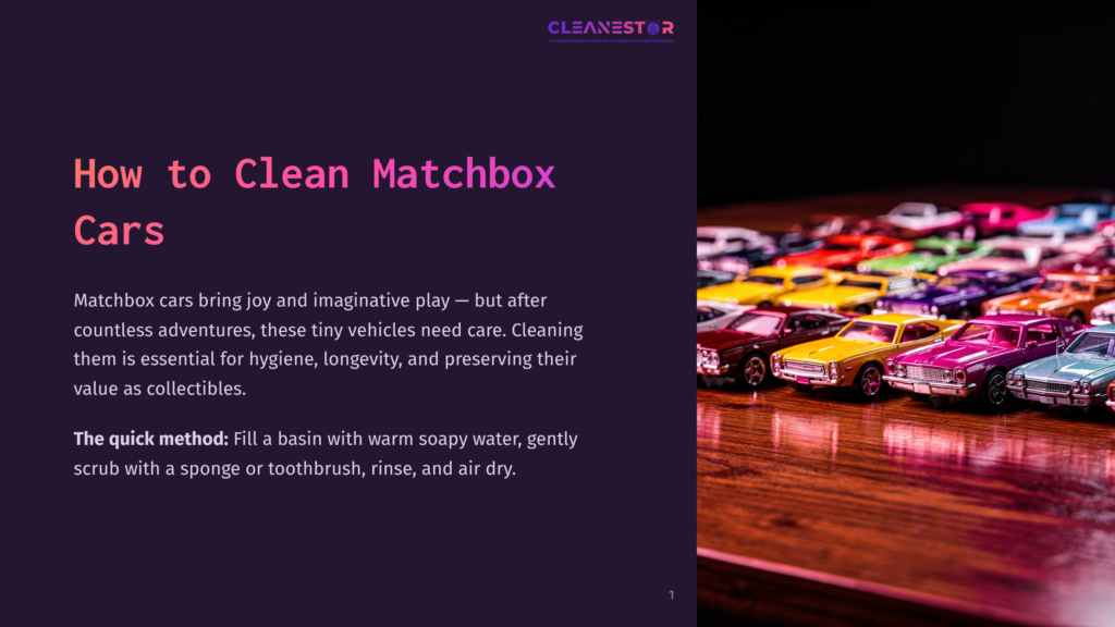 An Array Of Vibrant Matchbox Cars Of Various Colors And Models Neatly Arranged On A Wooden Table, With The Title &Quot;How To Clean Matchbox Cars&Quot; Visible In The Top Left Corner.