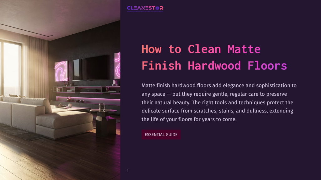 1 How To Clean Matte Finish Hardwood Floors A Modern Living Room With A Large Sectional Sofa, Coffee Table, And Entertainment Center Featuring Matte Finish Hardwood Floors. Text Overlay: &Quot;Cleanestor How To Clean Matte Finish Hardwood Floors Essential Guide&Quot;.