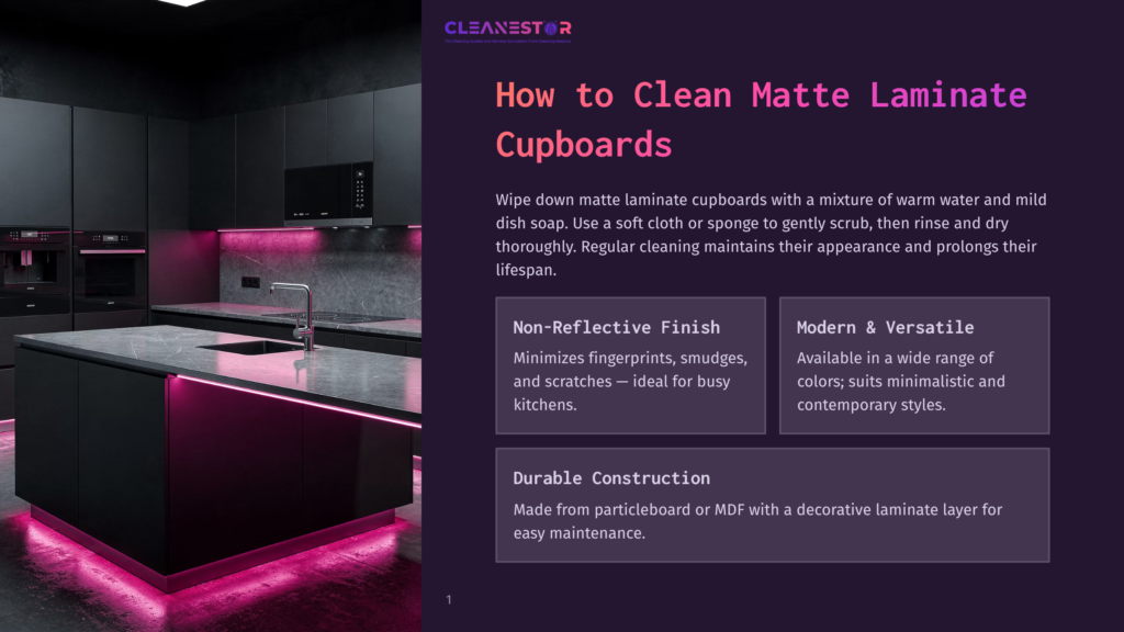 A Modern Kitchen With Matte Laminate Cupboards Under Pink Led Lighting. Text Overlays Explain The Benefits Of Cleaning Matte Laminate Cupboards With A Warm Water And Mild Dish Soap Mixture.