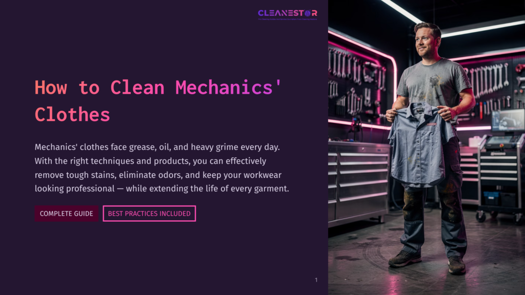 A Man In A Garage Holds Up A Stained Mechanic'S Shirt, With Text &Quot;How To Clean Mechanics' Clothes&Quot; And &Quot;Cleanestor&Quot; Visible On The Left. He Stands In Front Of Tool Chests And A Workshop Setting.