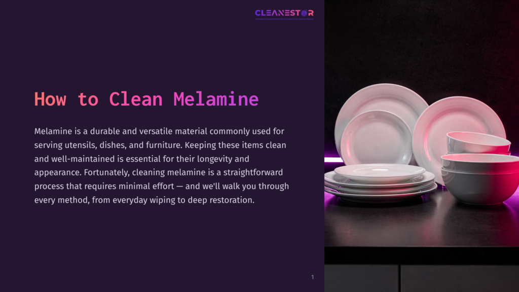 Cleanestor Logo Above Text &Quot;How To Clean Melamine&Quot; On A Dark Purple Background, With A Stack Of White Melamine Dishes In The Foreground, Lit By Pink Light.