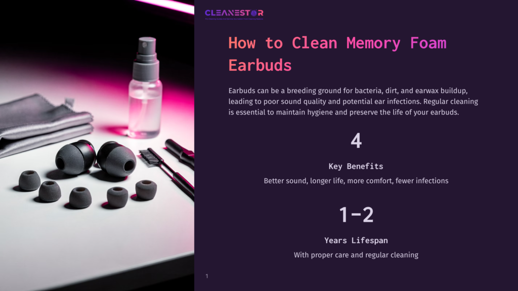 A Cleaning Kit For Memory Foam Earbuds, Including A Spray Bottle, Cleaning Brush, Microfiber Cloth, And Multiple Earbud Tips, Is Arranged On A Dark, Textured Surface. The Text &Quot;Cleanestor&Quot; Is Visible At The Top.