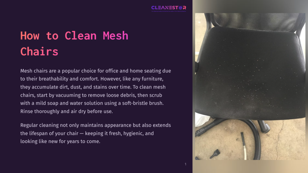Close-Up Of A Dirty Black Mesh Office Chair Seat With White Dust And Debris, Next To A Vacuum Cleaner Hose And Brush Attachment. The Image Is Part Of A &Quot;How To Clean Mesh Chairs&Quot; Guide.