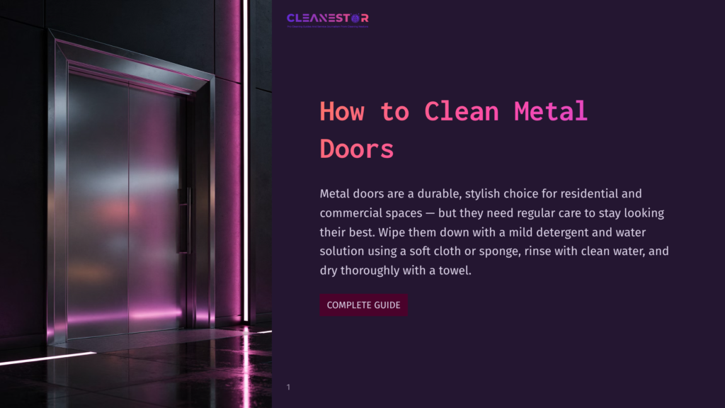 Modern, Sleek Metal Elevator Doors With A Brushed Finish, Illuminated By Vibrant Pink Neon Lighting On The Right Side. The Text &Quot;Cleanestor&Quot; And &Quot;How To Clean Metal Doors&Quot; Is Visible.