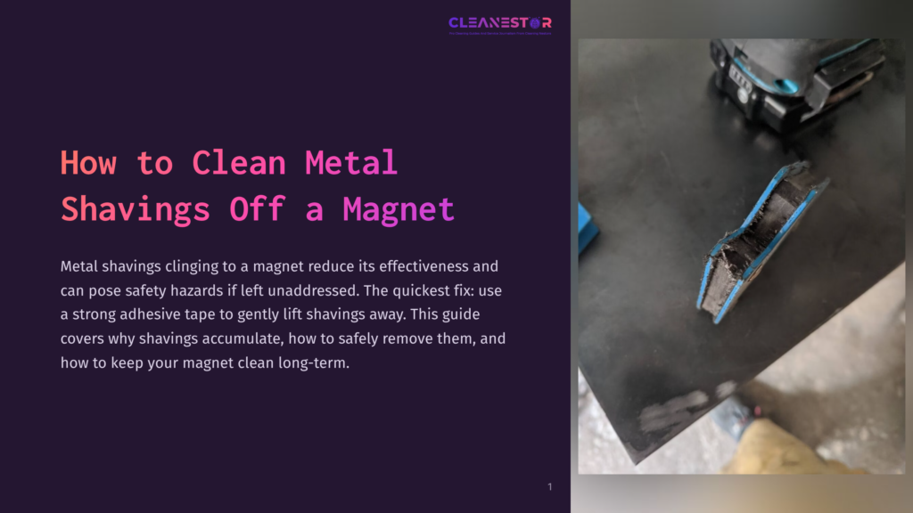 1 How To Clean Metal Shavings Off A Magnet Close-Up Of A Magnet Covered In Metal Shavings, With The Text &Quot;Cleanestor&Quot; And &Quot;How To Clean Metal Shavings Off A Magnet&Quot; Visible On The Left Side Of The Image.
