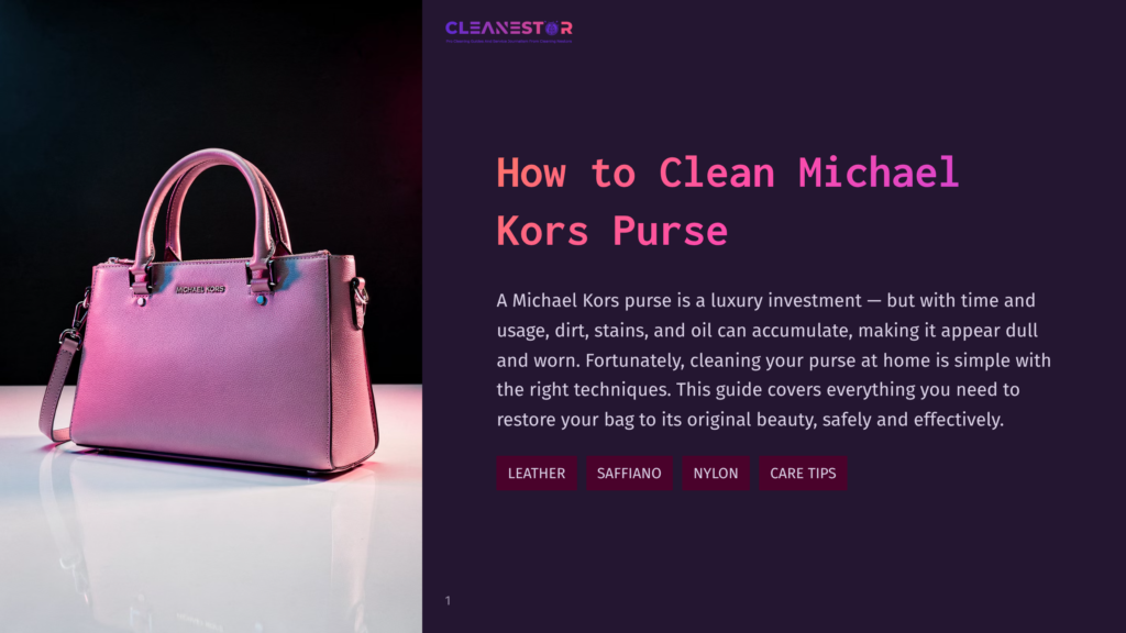 A Light Pink Michael Kors Handbag Is Displayed On A Reflective Surface With Purple And Pink Lighting, Next To Text That Reads &Quot;How To Clean Michael Kors Purse&Quot;.