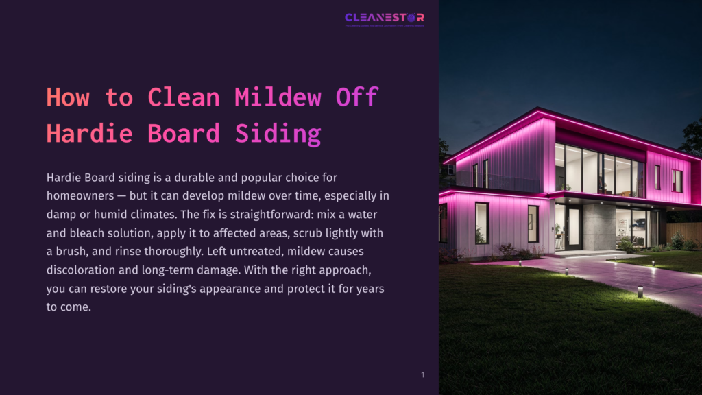 1 How To Clean Mildew Off Hardie Board Siding Modern House At Night With Purple And Pink Accent Lighting On Hardie Board Siding. Text Overlay Reads &Quot;Cleanestor&Quot; And &Quot;How To Clean Mildew Off Hardie Board Siding&Quot;.