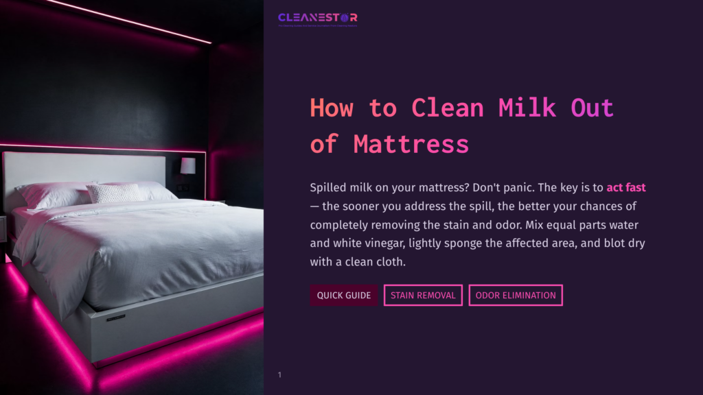 A Modern Bedroom With A Large White Bed, Illuminated By Vibrant Pink Neon Lights. The Text &Quot;Cleanestor&Quot; And &Quot;How To Clean Milk Out Of Mattress&Quot; Is Prominently Displayed.