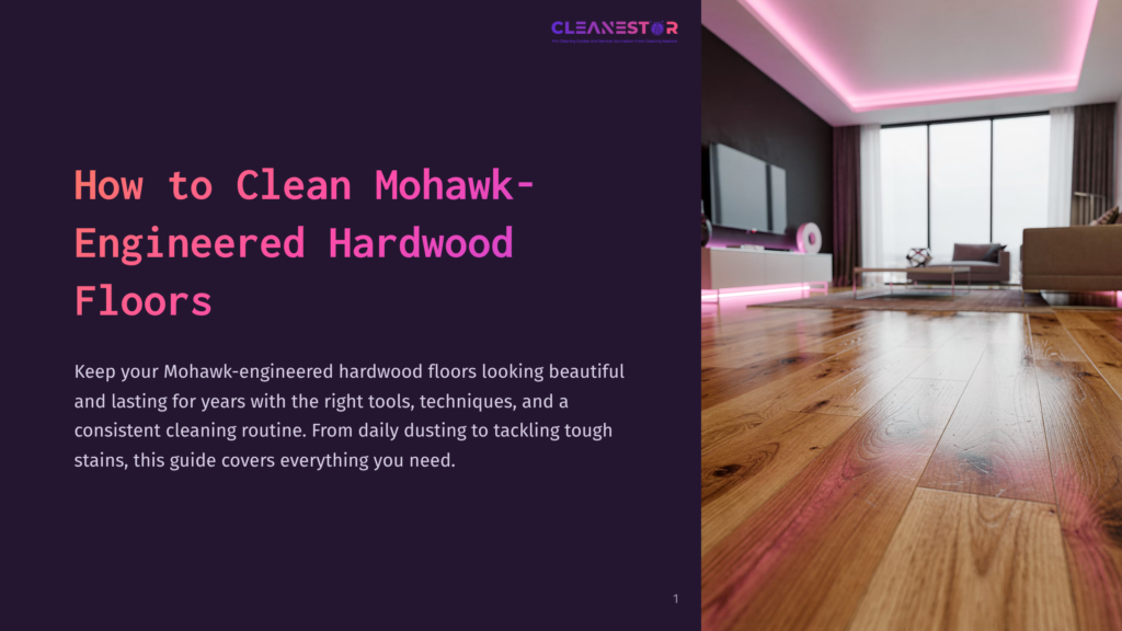 A Modern Living Room Features A Sleek Tv Stand, A Sofa, And A Large Window With A View Of A City At Night. The Room Is Illuminated By Soft Pink Ambient Lighting, Highlighting The Polished Hardwood Floors. The Text &Quot;Cleanestar&Quot; Is Visible At The Top Of The Image.