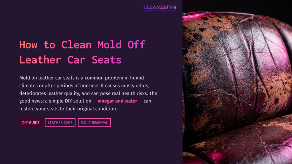 1 How To Clean Mold Off Leather Car Seats Close-Up Of Aged, Distressed Brown Leather Car Seats With Visible Signs Of Mold And Wear. The Text &Quot;How To Clean Mold Off Leather Car Seats&Quot; Is Overlaid On The Left.