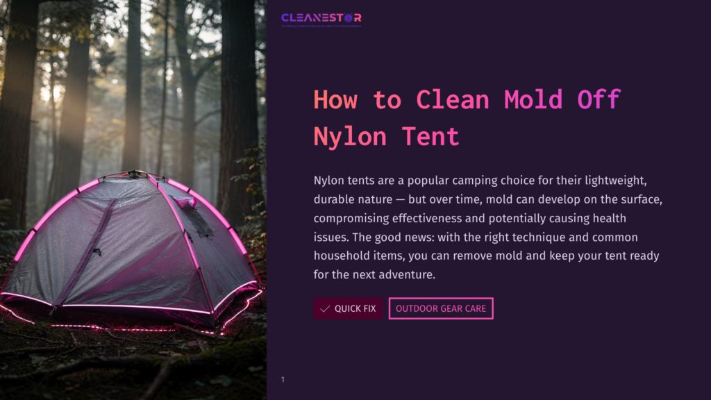 A Modern, Dark Grey Nylon Tent With Pink Led Lighting Glowing From Its Seams Is Set Up In A Misty Forest At Dusk. Dewdrops Are Visible On The Tent Fabric.