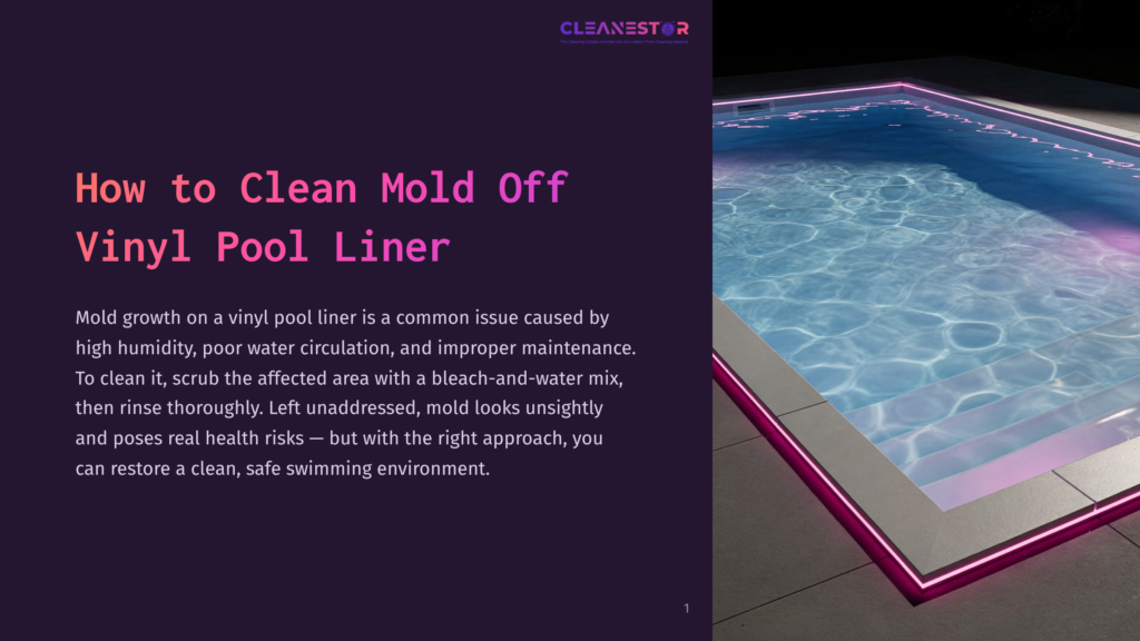 A Luxurious Swimming Pool At Night, Illuminated By Vibrant Pink And Blue Underwater Lights, With The Text &Quot;Cleanestor: The Enduring Solution For Seamless Outdoor Living Spaces&Quot; At The Top.